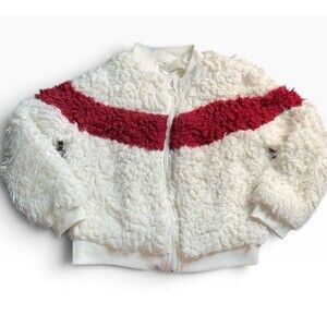 “Forever Me " White /red  Collarless Furry Zipper Jacket Size Medium